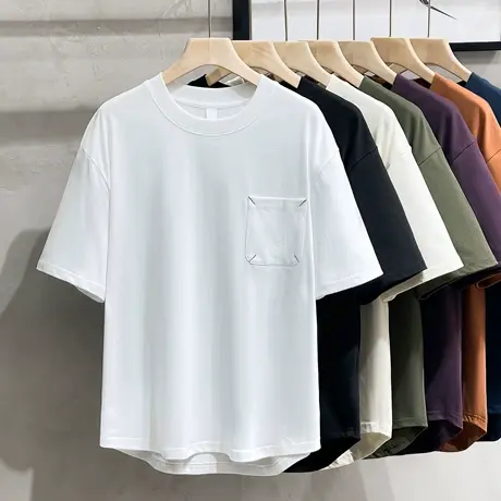 极简弧形下摆2023夏季新款纯色口袋短袖t恤男士美式休闲半袖体恤图片