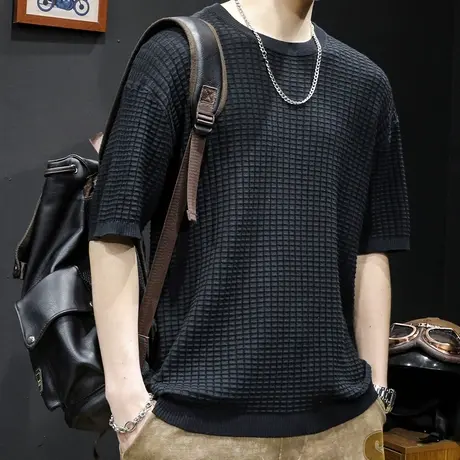 华夫格透气短袖t恤男士针织半袖上衣潮牌大码23新款男装体恤男款商品大图