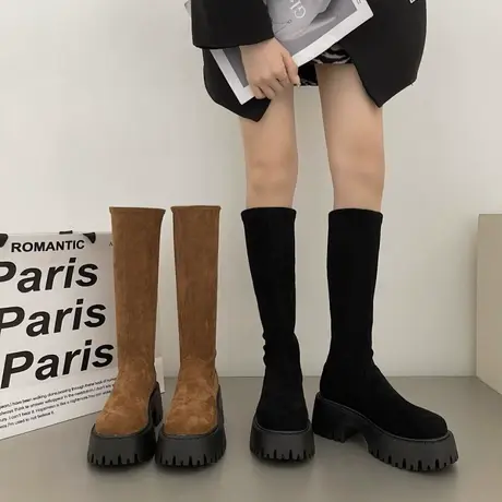 长靴女2023秋季新款不过膝瘦瘦靴显腿长粗跟复古气质高筒靴女人味图片