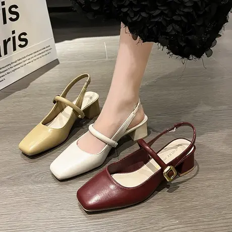 包头凉鞋女2023夏季新款法式气质配裙一字扣带时尚粗跟增高小皮鞋商品大图