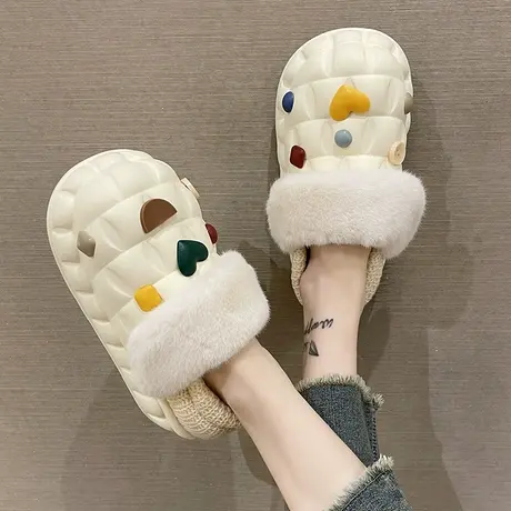 时尚彩色石头棉拖鞋女冬季外穿防水防滑居家加绒保暖厚底包跟棉鞋图片