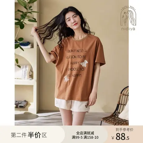 妮狄娅2023睡衣少女夏季纯棉圆领宽松短袖休闲短裤卡通家居服套装商品大图