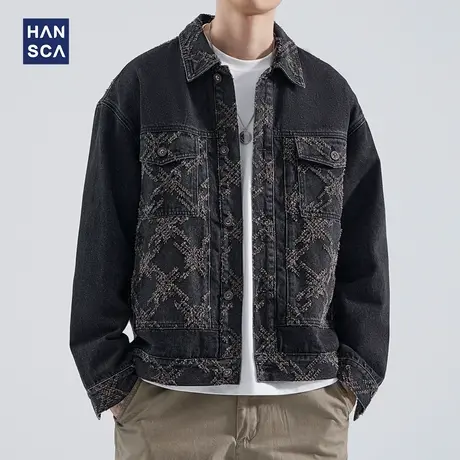 hansca秋季牛仔外套男秋冬款美式复古提花拼接潮牌痞帅高级感夹克商品大图