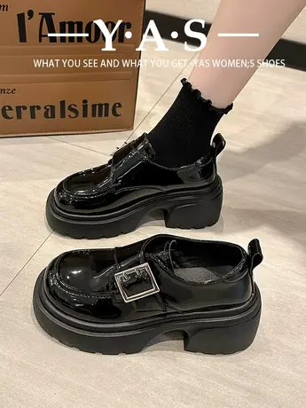 厚底小皮鞋女2023新款韩版百搭单鞋小个子增高搭扣魔术贴乐福女鞋商品大图