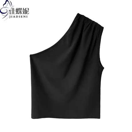 夏季新款单肩斜领褶皱修身短款纯欲性感露肩纯棉纯色背心上衣女装图片