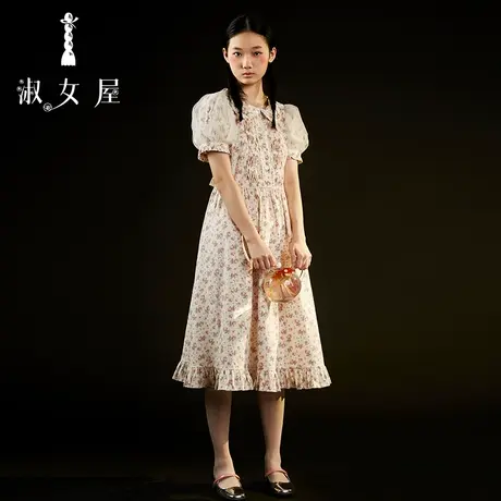 淑女屋旗舰店2022新款花花布公主花瓣领泡泡袖连衣裙图片