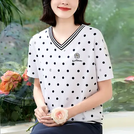 纯棉V领t恤女夏装短袖2024年新款精致设计感上衣中老年妈妈体恤衫图片