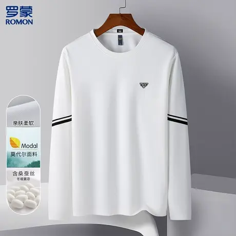 罗蒙含桑蚕丝烫钻胸标长袖t恤莫代尔男式t恤春秋装男士长袖t恤图片