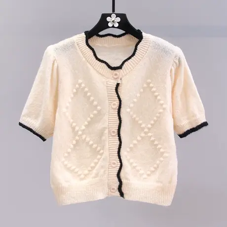 温柔风撞色短袖针织开衫女夏季2023年新款设计感洋气减龄短款上衣图片