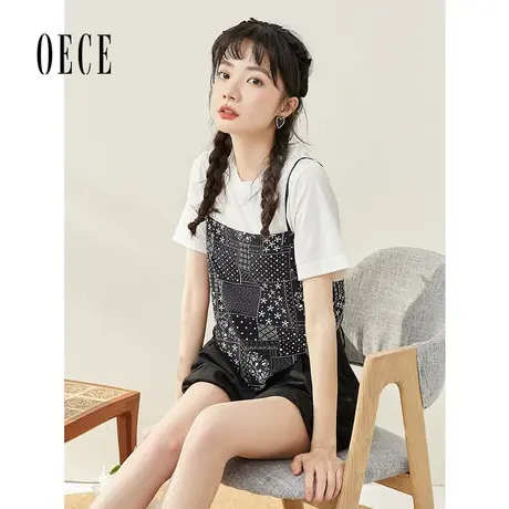 Oece夏装新款女装艺术馆复古印花吊带T恤上衣设计感两件套图片
