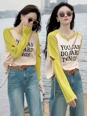 2023春秋季新款设计感小众针织衫字母印花圆领上衣镂空长袖T恤潮商品大图