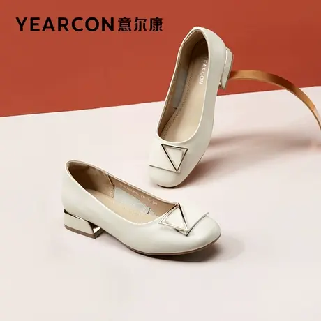 意尔康女鞋2023春季新款真皮中跟单鞋女方头浅口小皮鞋女低跟粗跟图片