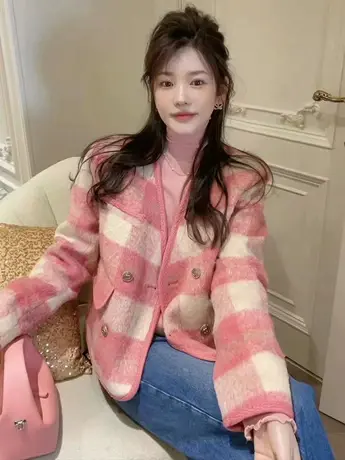 格纹V领小香风夹棉外套女冬季新款小个子显瘦短款毛呢加厚上衣潮商品大图