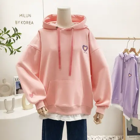 ins简约爱心假两件连帽卫衣2022春季新款韩国东大门宽松上衣慵懒商品大图