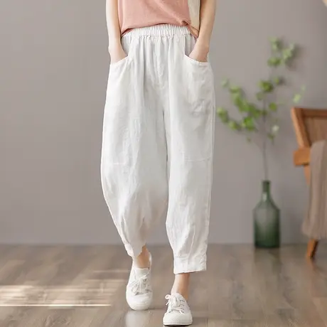 dza 高腰显瘦亚麻阔腿裤子女士春夏新款宽松休闲萝卜裤棉麻老爹裤图片