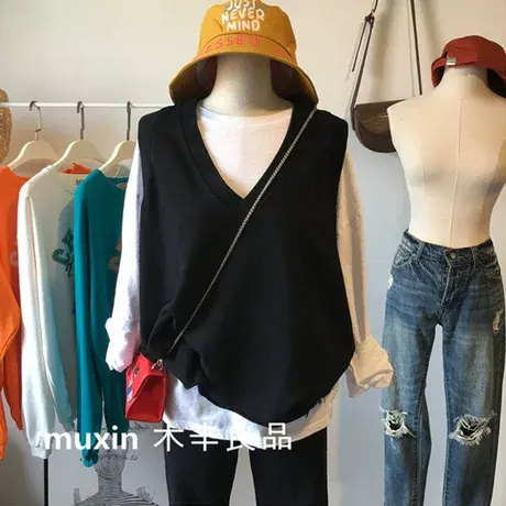 超火卫衣女春秋薄款韩版ins潮宽松叠穿马甲V领坎肩无袖背心上衣服图片