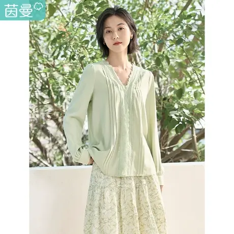 茵曼2023春女装新款简约通勤镂空花边V领灯笼袖修身轻薄衬衫衬衣商品大图
