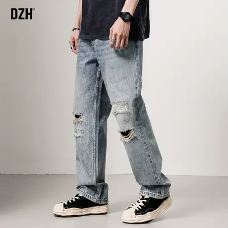 男士蓝色破洞牛仔裤男直筒宽松潮牌裤子2023新款休闲长裤百搭男裤商品大图