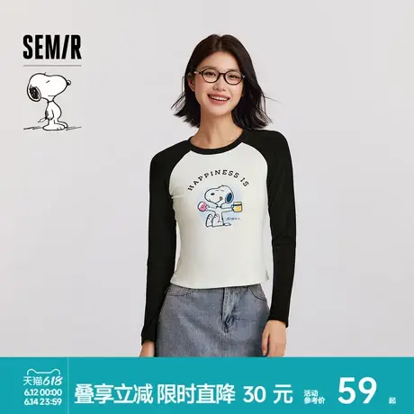 森马史努比系列长袖T恤女短款吸湿发热磨毛2024冬新款插肩袖上衣商品大图