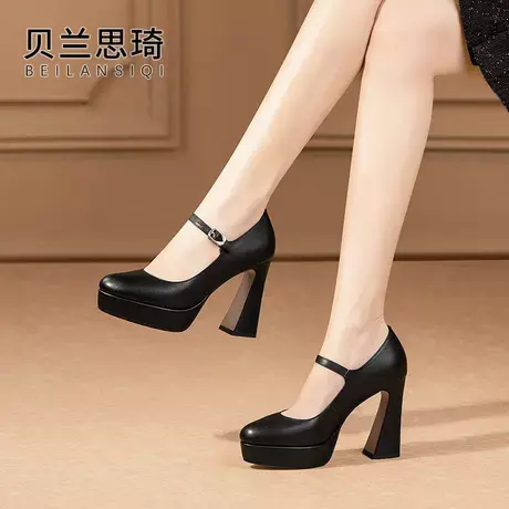 真皮一字带圆头浅口粗跟单鞋女2025春秋季走秀模特防水台高跟鞋图片