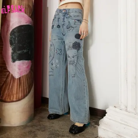 妖精的口袋涂鸦阔腿牛仔裤女2023春夏季新款宽松直筒裤设计感小众图片