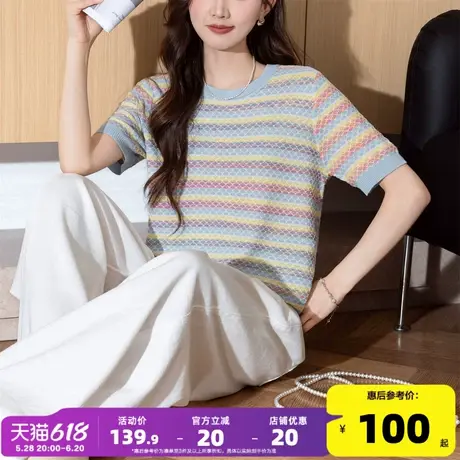 唐狮25夏季新款针织衫短袖女小香风彩色条纹圆领套头简约上衣Y图片