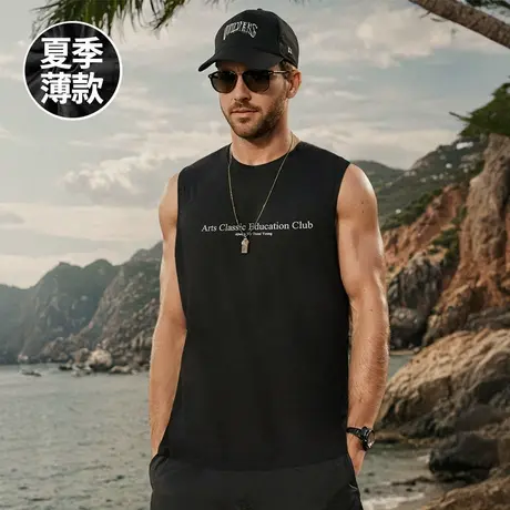 薄款无袖t恤男士夏季美式潮流宽松学生纯棉坎肩砍袖潮牌大码背心图片