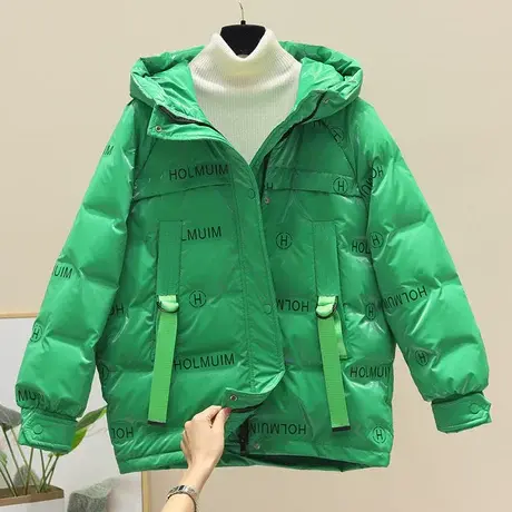 绿色宽松羽绒棉服女短款2023年冬季新款时尚潮牌字母棉衣亮面外套图片