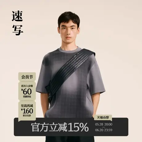 速写男装秋冬新款休闲宽松短袖重磅T恤格纹复古空气层时尚潮上衣商品大图