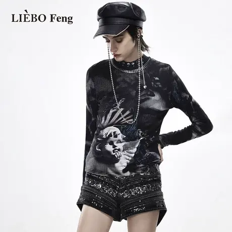 X裂帛LIEBOFeng复古天使印花Y2K打底衫时髦黑色长袖T恤女商品大图