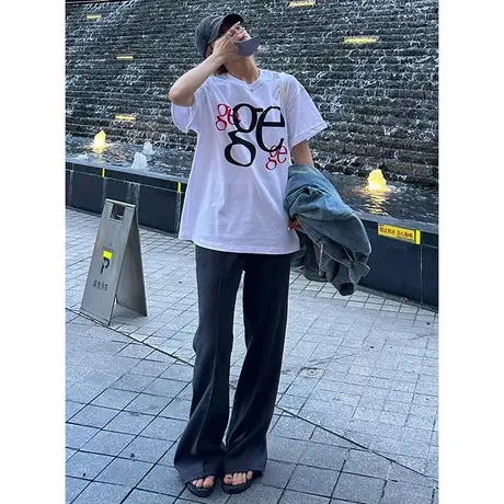 纯棉正肩潮牌短袖t恤女2024新款夏季大码宽松半袖设计感小众上衣商品大图