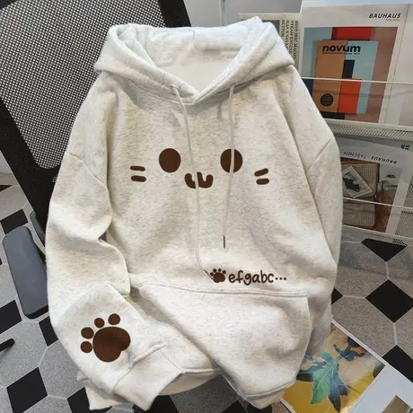 可爱简约猫猫印花连帽卫衣女ins秋冬季潮牌高街宽松加绒加厚外套商品大图