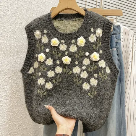 立体手工盘花小清新针织马甲女秋冬叠穿圆领宽松显瘦毛衣坎肩背心商品大图