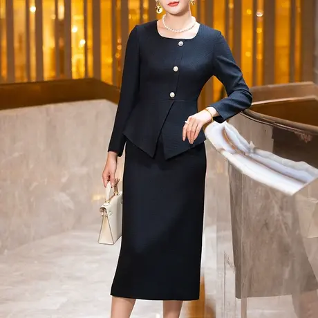 黑色小香风连衣裙女秋冬新款气质优雅端庄修身显瘦长袖中长款裙子图片