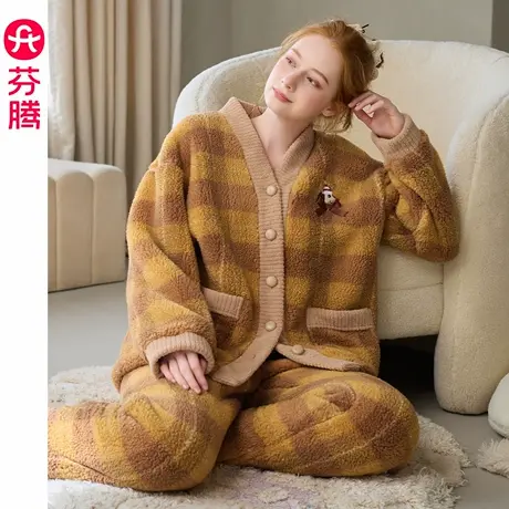 芬腾睡衣女秋冬季珊瑚绒加绒套装女款法兰绒加厚抗静电家大码居服商品大图