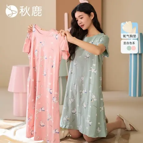 秋鹿【带胸垫】柔软透气纯棉睡裙女2025夏新款卡通印花睡衣家居服商品大图