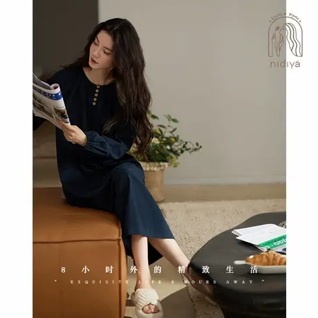 妮狄娅睡衣睡裙女秋季长袖纯棉简约中长裙文艺风春秋可外穿家居服商品大图