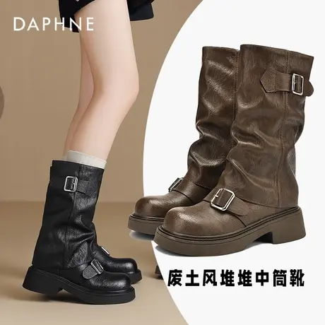 达芙妮美拉德短靴女春秋单靴2025新款厚底棕色骑士西部马丁中筒靴图片