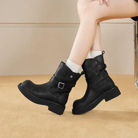 卓诗尼2025秋冬新款厚底短筒靴时尚舒适骑士靴潮流百搭复古英伦靴图片