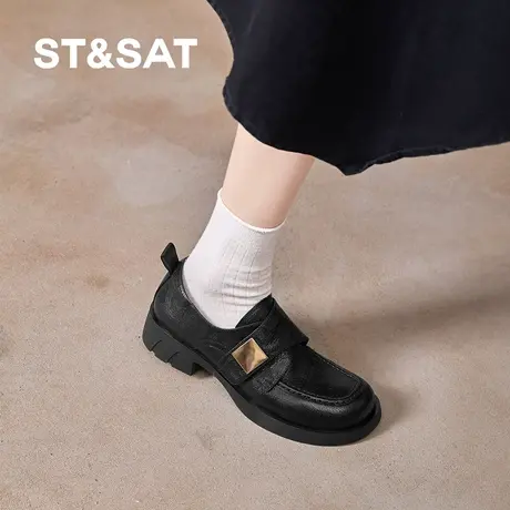 星期六乐福鞋女2026爆款英伦风黑色真皮金属扣平底通勤百搭小皮鞋商品大图