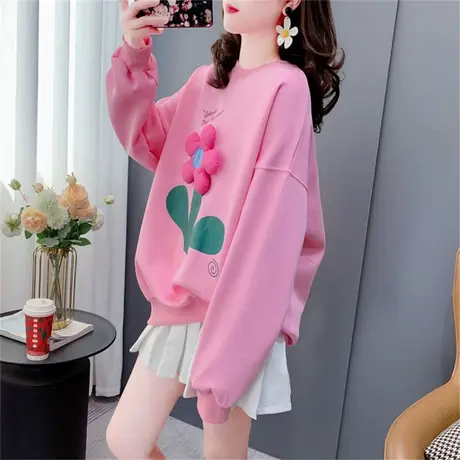 设计感花朵减龄圆领卫衣女薄款2023新款春季宽松炸街时尚上衣外套图片