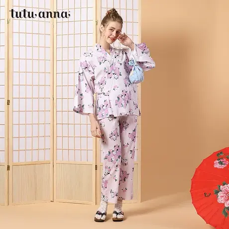 tutuanna竖条纹猫咪印花和服长袖长裤上下套商品大图