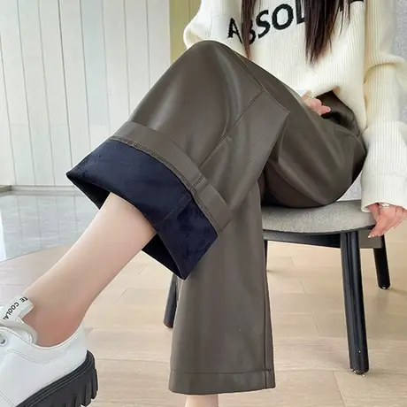 pu皮阔腿皮裤女冬季新款高腰宽松显瘦休闲小个子九分薄绒直筒裤子商品大图