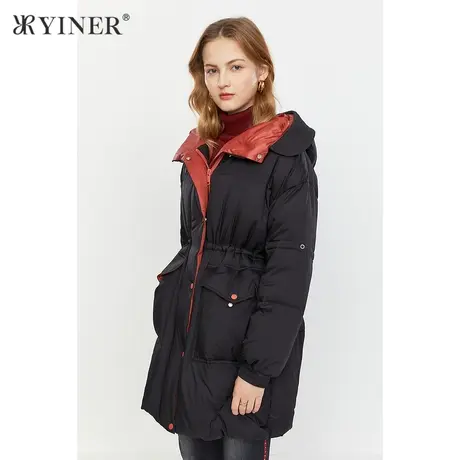 YINER音儿商场同款女装2021冬季新款抽绳收腰撞色连帽羽绒服商品大图