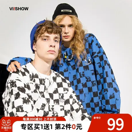 VIISHOW卫衣男2023秋季新品潮牌时尚流行圆领套头棋盘格情侣上衣商品大图