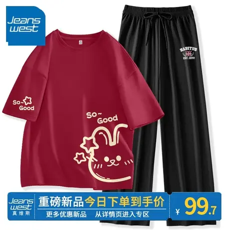 ZR真维斯休闲套装女夏季2023新款 纯棉短袖t恤女垂感冰丝裤两件套图片