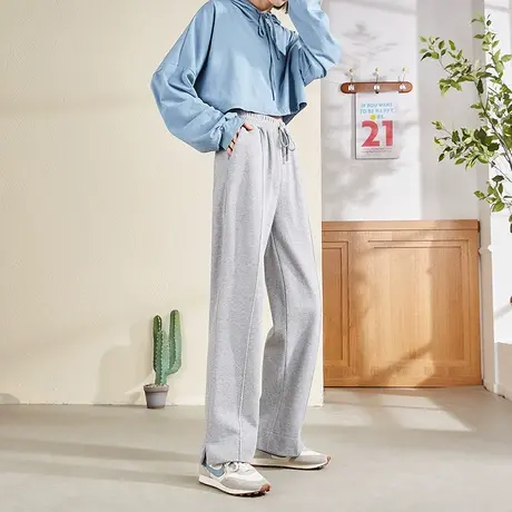 唐狮春秋季脚口开叉直筒休闲长裤女装运动工装裤子休闲阔腿裤黑色图片
