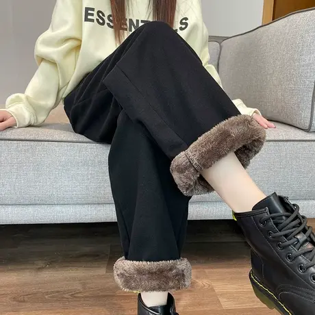 加绒牛仔裤女冬季2023新款高腰显瘦显高哈伦萝卜加厚羊羔绒老爹裤商品大图