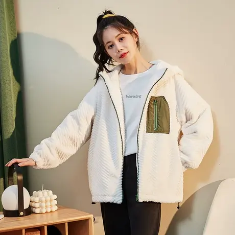 唐狮保暖上衣外套女秋冬拼接仿兔毛连帽加绒加厚青少年休闲百搭潮商品大图