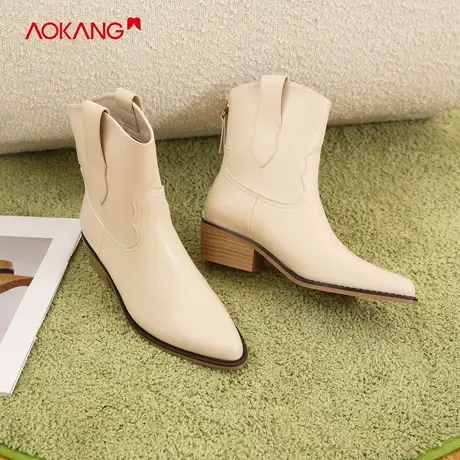 奥康女鞋 时尚潮流气质英伦风尖头中跟粗跟拉链短靴减龄气质女靴商品大图